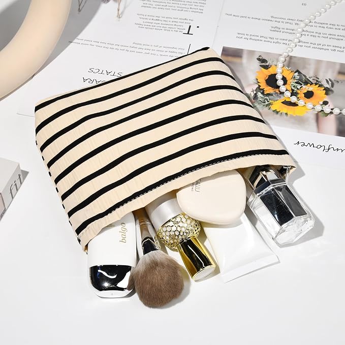 SOIDRAM 2 Pieces Makeup Bag Large Stripe Cosmetic Bag Capacity Canvas Mix Travel Toiletry Bag Organizer Cute Makeup Brushes Aesthetic Accessories Storage Bag for Women, Stripe Mix White - Image 5