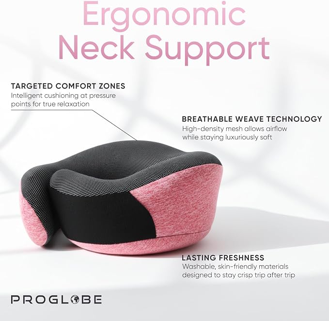 Travel Pillow, 100% Pure Memory Foam Airplane Neck Pillow, Pink | Long Flight Travel Kit with 3D Contoured Eye Masks, Earplugs and Luxury Bag, Updated Material Plane Sleeping Support - Image 3