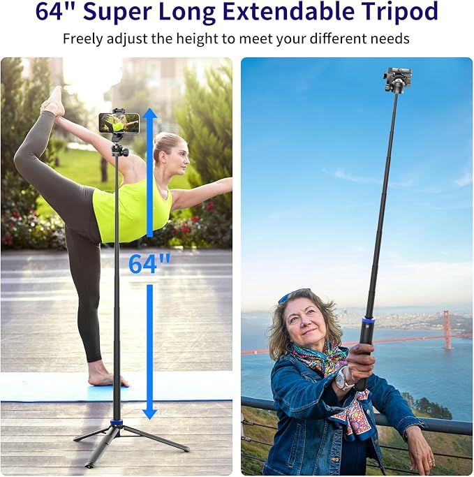 Kaitezenz Selfie Stick Tripod for Gopro Camera, 64" Extendable Stand with 360° Ball Head 1/4" Screw, Portable Lightweight Camera Tripod for GoPro Max Hero 11 10 9 8 7 6 5 DJI OSMO Action Phone - Image 4