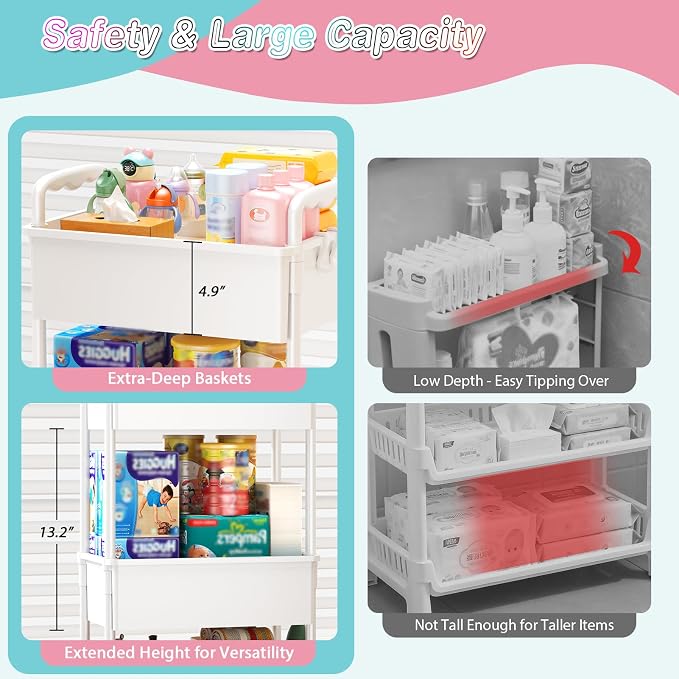 SUNALLY Baby Diaper Caddy Cart,3 Tier Rolling Diaper Cart for Nursery,White | Large Capacity & Easy Assemble Diaper Storage Organizer with Lockable Wheels for Newborn, New Mom, Baby Girl Boy Essentials - Image 3