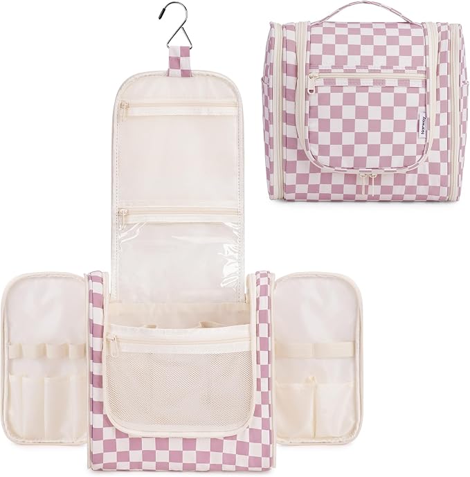 Narwey Checkered Hanging Travel Toiletry Bag for Women, Travel Bag for Toiletries, Makeup Bag Organizer Cosmetic Bags Make Up Bags for Women (Dusty Rose Checkerboard) by Narwey