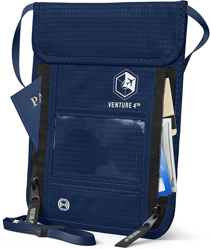 VENTURE 4TH Travel Neck Wallet, RFID Blocking Passport Holder - Navy Blue by VENTURE4TH