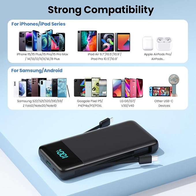 Portable Charger for iPhone with Built-in Cables and Wall Plug,Upgraded 13800mAh Fast Charging USB C Power Bank,4 Outputs Slim Travel Essential Battery Pack for iPhone 17/16/15/14/13,Galaxy,Android - Image 6
