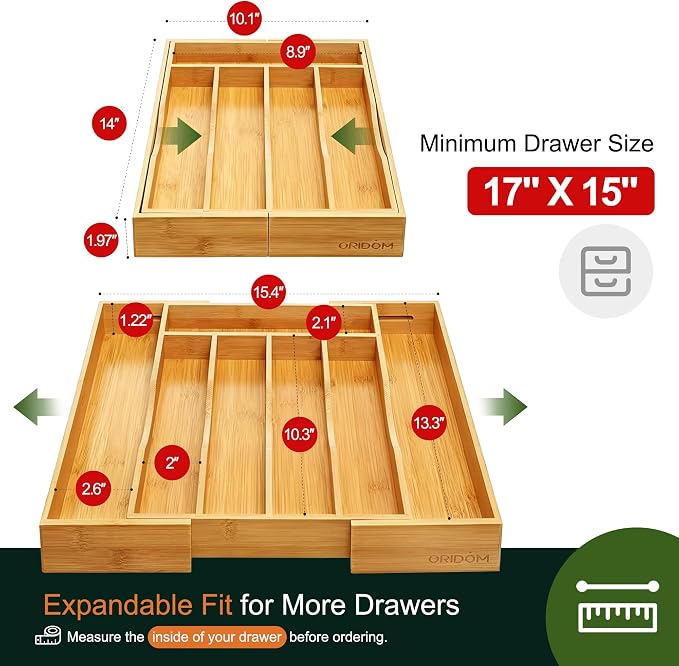 2-Piece Bamboo Silverware Organizer, Expandable Kitchen Drawer Organizer for Cutlery and Utensils, Multifunction Adjustable Bamboo Wood Cutlery Tray in Drawer for Flatware, (Natural) - Image 2