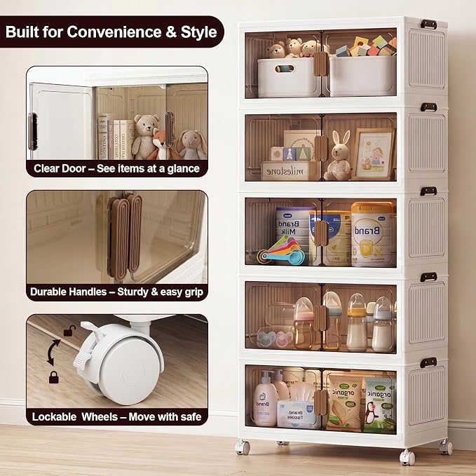 120QT Stackable Storage Bins With Lids, Collapsible Plastic Storage Bins with Wheels and Doors, Foldable Plastic Cabinets for Bedroom Dorm Garage Office Kitchen, 5 Pack - Image 6