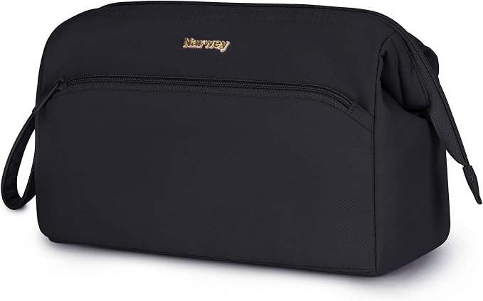 Narwey Large Travel Makeup Bag For Women Girls, Wide Open Cosmetic Bag, Portable Toiletry Bag for Cosmetics, Toiletries, Skincare, Brushes (Black) by Narwey