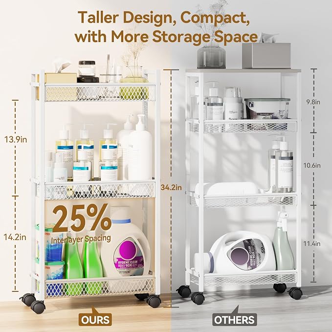 Slim Rolling Storage Cart, Metal 3 Tier Bathroom Storage Organizer Laundry Room Utility Cart for Kitchen, Bthroom, Makeup, Craft, Laundry Narrow Places, White - Image 3