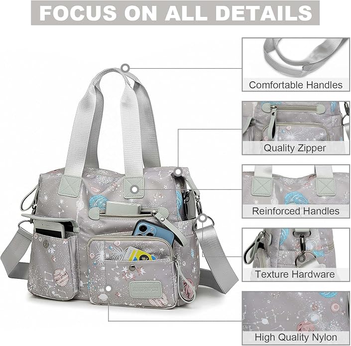 Tote Bag for Women,Multi Pockets Shoulder Handbag,Nurse Bag for Work,Large Cross body Purse,Fashion Nylon Top Handle Satchel - Image 5