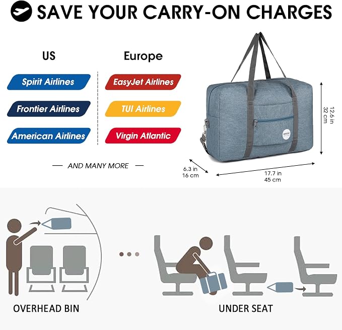 WANDF Personal Item Travel Bag, Carry On Duffle Bag Women | 18x14x8 inches, Airline Underseat Aprroved, Weekend Overnight Trips, Lightweight Packable - Image 2