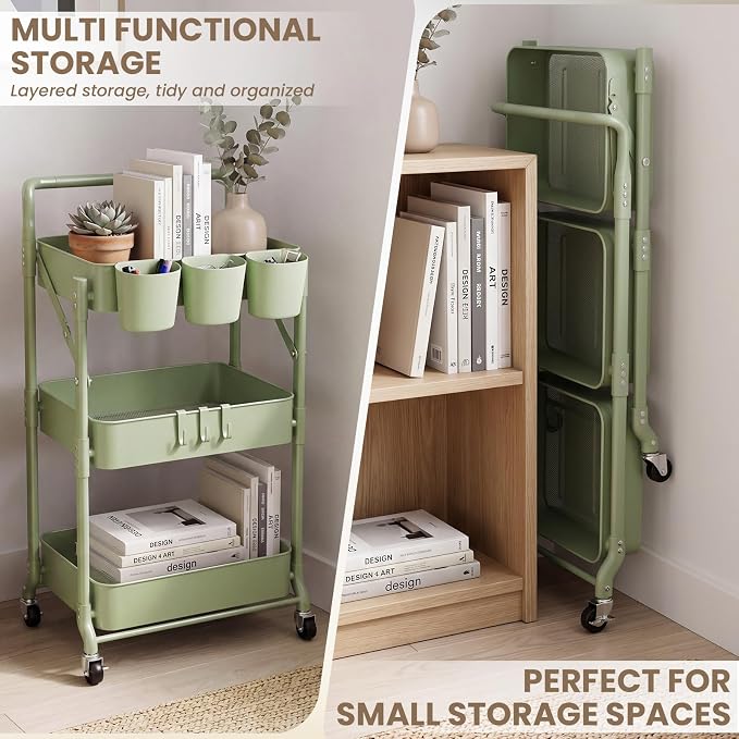Foldable 3 Tier Rolling Cart, Metal Utility Cart with Wheels | Collapsible Rolling Storage Cart with 3 Hanging Cups, Folding Storage Trolley Organizer Cart for Home Office Kitchen(Green) - Image 3