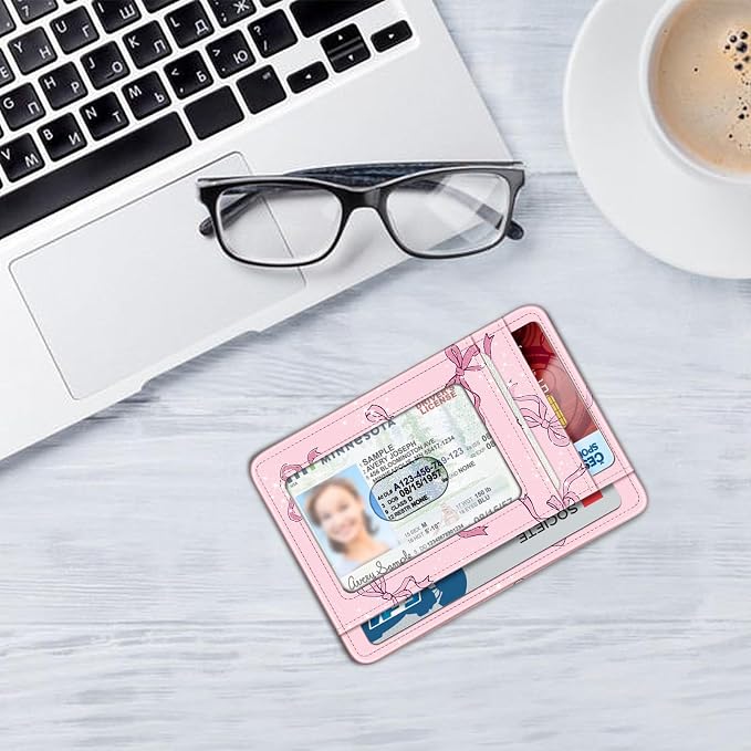 FINTIE Slim Front Pocket Wallet, RFID Blocking Credit Card Holder | Minimalist Card Cases with ID Window for Men Women, pink bow - Image 7