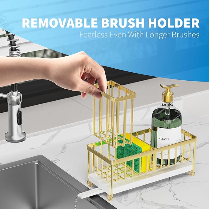 Cisily Sponge Holder for Kitchen Sink, Sink Caddy Organizer with High Brush Holder, Kitchen Countertop Organizers and Storage Essentials, Rustproof 304 Stainless Steel (Gold, 9.25″) - Image 5