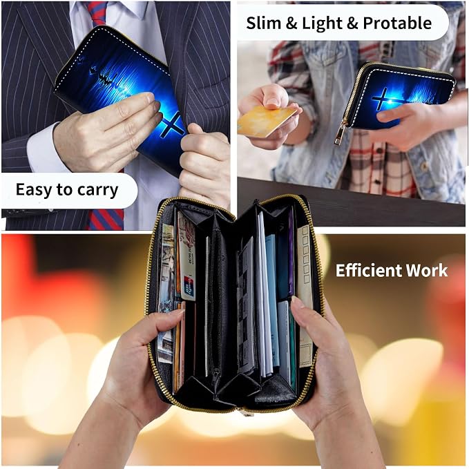 Wallet,Leather Long Wallet Suitable For Ladies And Teenagers - Detachable Wristband + RFID Travel Wallet With Card Slot - Blue Water Cross - Image 7