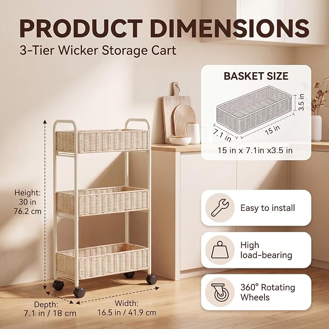 Utility Slim Storage Cart,3-Tier Rolling Kitchen Office Laundry Room Cart with Wheels,Mobile Shelving Unit Organizer for Living Room,Bathroom, Baby Diaper,Art,Dining Room Narrow Places - Image 2