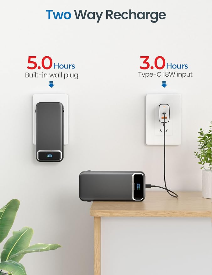aonidi Portable Charger 12000mAh with Built-in Cables&AC Wall Plug, Black | PD20W USB C Fast Charging,LED Display External Travel Power Bank,TSA approved Battery Pack for All iPhone,Samsung,Android - Image 7
