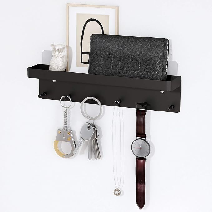 MKO Key Holder Wall Mount, Key Holder Wall Mount Adhesive with Mail Organizer Tray with 6 Key Hooks for Wall, Black | Metal Material, Key Rack with Shelf, Mail Organizer Tray for Entryway, Hallway, Living Room - Image 2