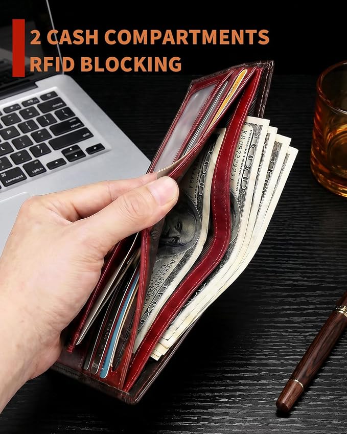 Men's Cowhide Leather RFID Wallet, Slim Bifold (Red) | 2 Clear ID Windows, 10 Card Slots, Zipper Coin Pocket, Gradient Finish for Business, Travel, Daily Carry and Gifts - Image 6
