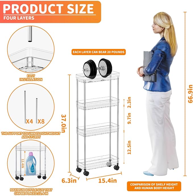 Clear 4 Tier Slim Rolling Storage Cart with Wheels,6.3″W Thin Shelf,Bathroom Storage Cabinet,Skinny Laundry Cart,Narrow Laundry Room Cart Between Washer and Dryer,Skinny Shelves for Small Space - Image 3