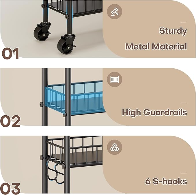 6 Tier Slim Storage Cart with Wheels, Metal Mobile Shelving Unit Organizer Utility Cart for Office Bathroom Kitchen Laundry Room Narrow Places (10inches) - Image 6
