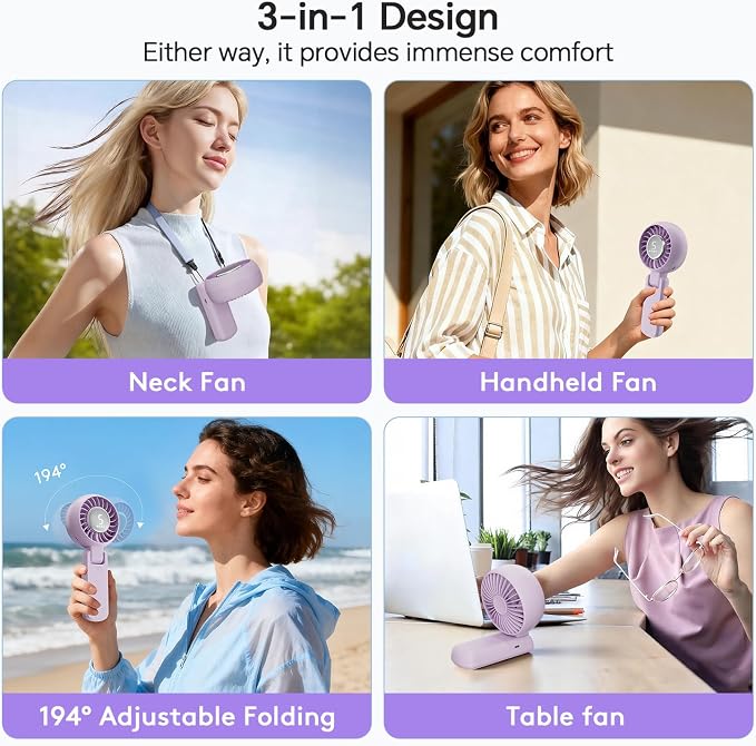 ZOZOO Portable Fan, USB Rechargeable 194°Folding Handheld Fan,5 Speed&LED Display &High Power Motor Table Fan, 3 IN 1 Quiet Strong personal Neck fans for Travel,Camping,Beach (Purple) - Image 5