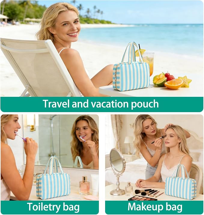 Toiletry Bag for Women Travel Water-resistant Cosmetic Bag Fashion Stripes Makeup Bag with Hanging Hook Preppy for Store Toiletries Cosmetic Accessories Medium Blue - Image 6