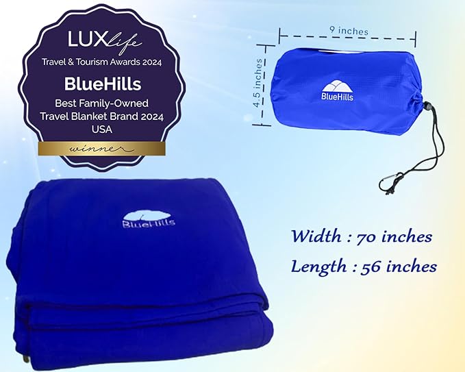 BlueHills Ultra Compact Travel Blanket Pillow Soft Airplane - Royal Blue | Premium Travel Blanket, 70 X 56 Large Size, Luggage Strap & Backpack Clip, Matching Case, Compact & Lightweight Long Flights - Image 5