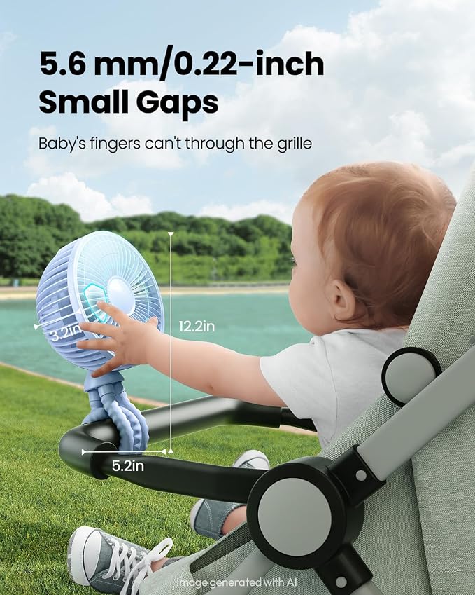Gaiatop Oscillating Baby Stroller Fan with LED Lights, Rechargeable Blue | 4-Speed Quiet Cooling, 4.6 In, Battery Operated, 360° Rotate Clip On Small Portable Fans for Car Seat Crib Treadmill Travel - Image 3