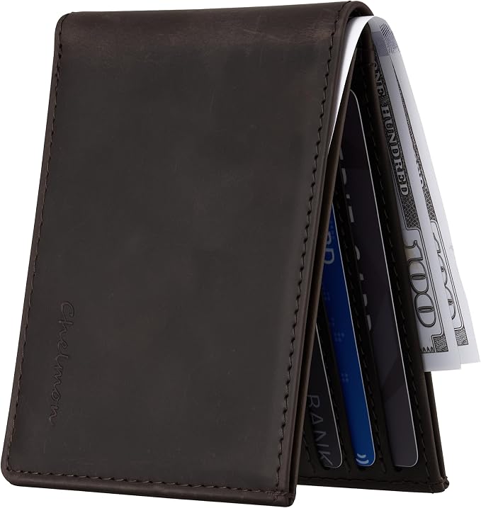 Chelmon Genuine Leather Slim Wallet for Men ID Window with RFID Blocking Front Pocket Bifold Minimalist Mens Bussiness Card Holder Gift for Men, Craze Horse Coffee by Chelmon