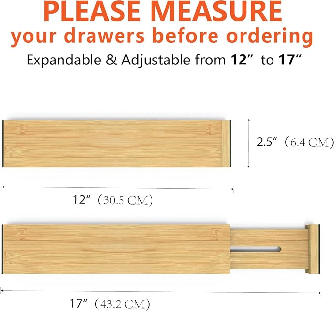 4 Pack Bamboo Drawer Dividers 2.6" High, Adjustable from 12 Inch to 17 Inch | Expandable Kitchen Drawer Organizer Separators for Clothes, Kitchen, Bedroom, Dresser, Office (Beige) - Image 3