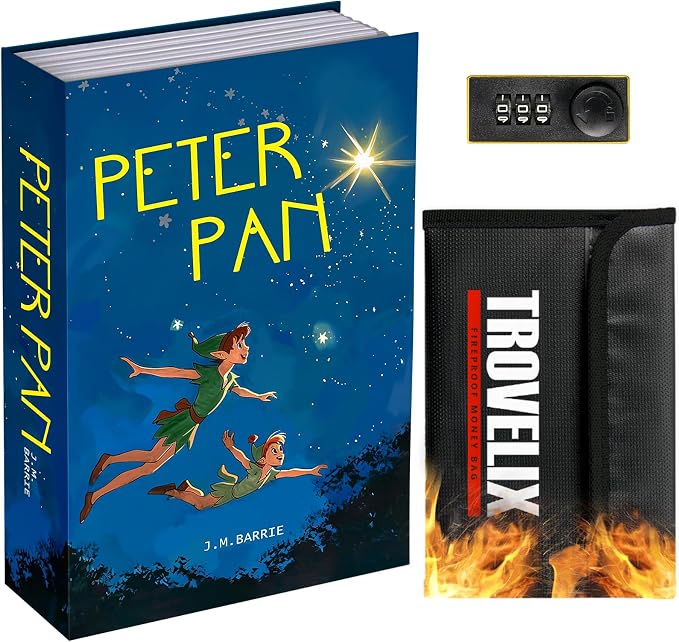 Book Safe with Combination Lock, Hidden Safe (9.5 x 6.2 x 2.2 Inch) with Fireproof Bag, Secret Diversion Safe, Hollow Book Box Hidden Storage, Money Safe Box for Cash (Peter Pan) by KOFAIR