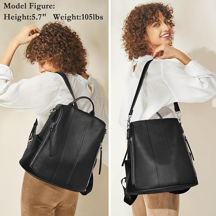 S-ZONE Leather Backpack Purses for Women Antitheft Rucksack Shoulder Bag Medium | Genuine Leather, Medium Fits 9.7-inch Tablet, for Work Travel Daily Commute, Multi Pockets, Adjustable Dual Straps - Image 2