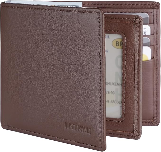 Mens Wallet - Genuine Leather Bifold RFID Blocking Slim Front Pocket Large Capacity with 10 Card Slots, 2 ID Windows & 2 Cash Pockets - Heavy Duty Stitched Gift for Men (Brown) by LATKWO