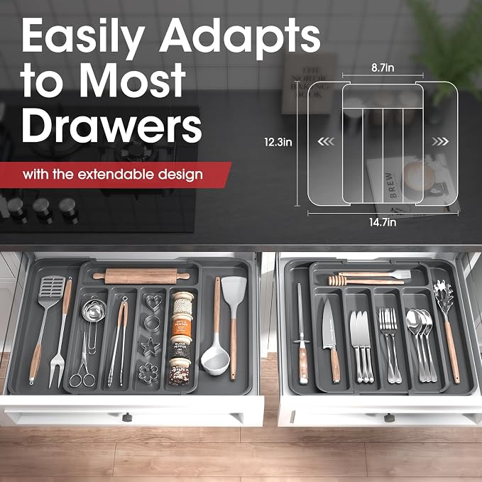 Aujen Silverware Drawer Organizer, Adjustable Utensil Cutlery Tray | Expandable Kitchen Organizer for Forks Knives, Multipurpose Kitchen Storage, Apartment Essentials, Grey, Medium - Image 5