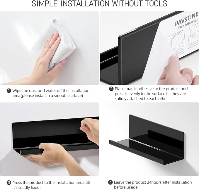 PAVSTINE Acrylic Floating Shelves for Wall No Drilling, Self Adhesive Space-Saving Shelves, 12 Inch Floating Shelf Stick on Wall Shelf, for Bathroom, Kitchen, Bedroom, Office, Gaming Room, Black - Image 7