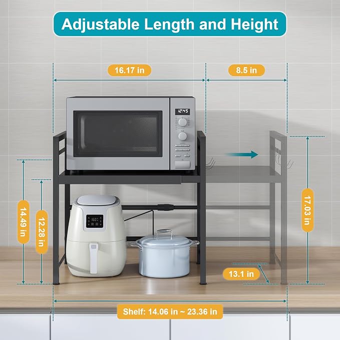 DOLALIKE Microwave Oven Rack, Expandable Microwave Stand Countertop Kitchen Utensils Tableware Storage, Carbon Steel Over Microwave Shelf Countertop with 3 Hooks (Pack of 2) - Image 3