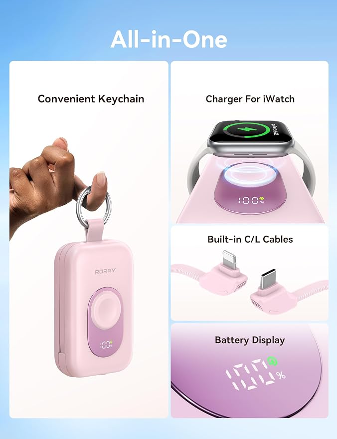 RORRY CharmGo Portable Charger, 20000mAh PD 30W Portable Charger Power Bank | Built-in Cables, Fast Charging Keychain Portable Battery Pack, Travel Essentials for iPhone, Apple Watch, iPad - Image 2