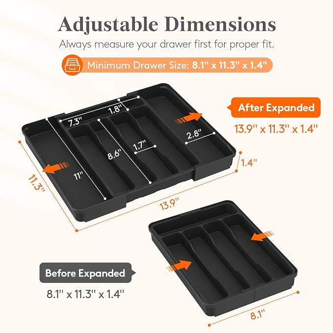 Lifewit Silverware Organizer for Drawer, Expandable Utensil Tray | BPA-free Plastic Adjustable Cutlery Holder for Kitchen Storage, 8.1-13.9 x 11.3, Black - Image 2