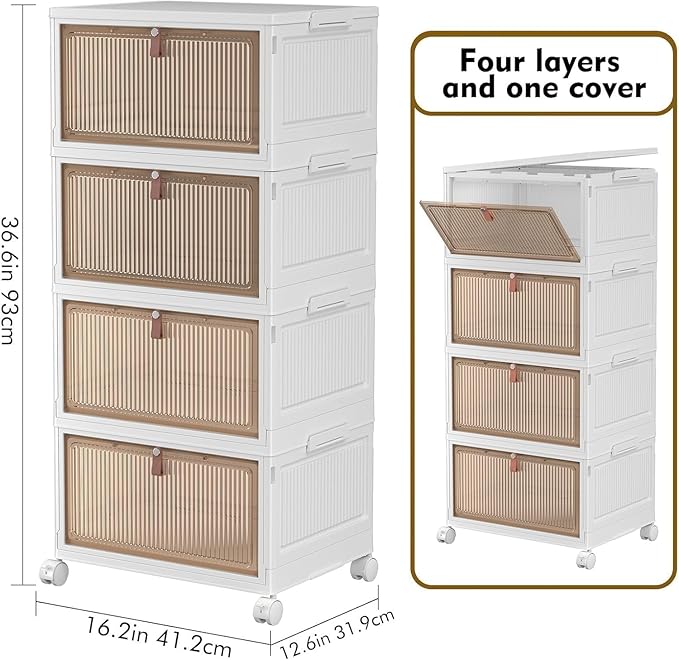 YFXCVSL 4 Tier Plastic Storage Bins with Lid 32QT, Stackable Storage Bins | Plastic Storage Bins with Wheels, Folding Storage Boxes, Organizers and Storage for Living Room,Office,Dorm - Image 3