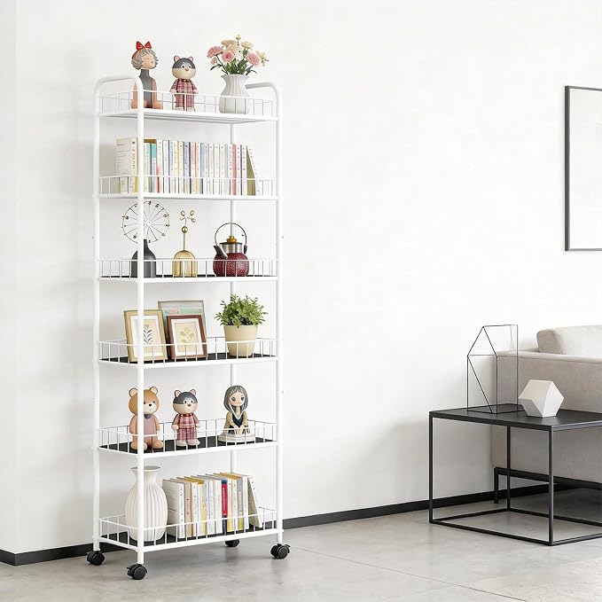 10in Slim Storage Cart, Metal 6-Tier Narrow Rolling Shelf, Sturdy Slim Storage with Hooks Ideal for Kitchen, Bathroom, and Laundry Room (10in White) - Image 7