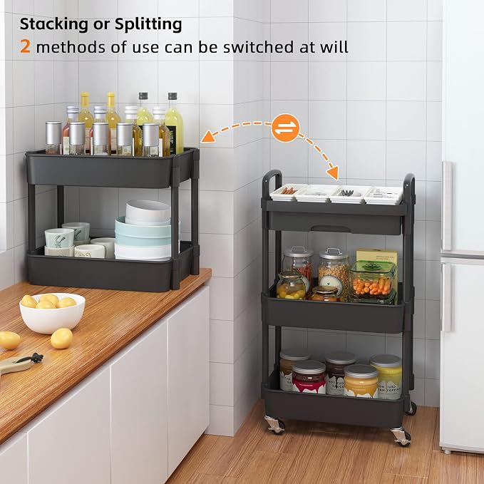 Calmootey 3-Tier Utility Cart with Drawer & Wheels, Storage for Home,Office | Space-Saving Organizer, Sturdy Plastic Shelves, Smooth-Rolling Metal Wheels, Built-in Drawer for Small Items, Black - Image 7