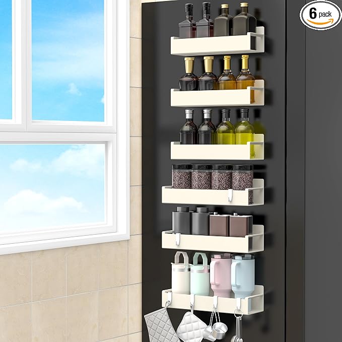 HuggieGems 6 Pack Magnetic Spice Rack Organizer for Refrigerator and Oven, Cream White Fridge Organizers and Storage for Kitchen by HuggieGems
