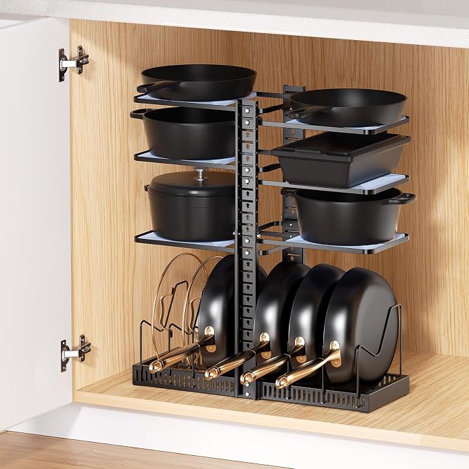 LAMU Pots and Pans Organizer under Cabinet, Adjustable Height Up to 24'', 6 Tier Pot Organizer Rack with 6 Horizontal Dividers, Adjustable Pot and Pan Organizer for Kitchen Storage, Black by YourHome-OrganizationHelper