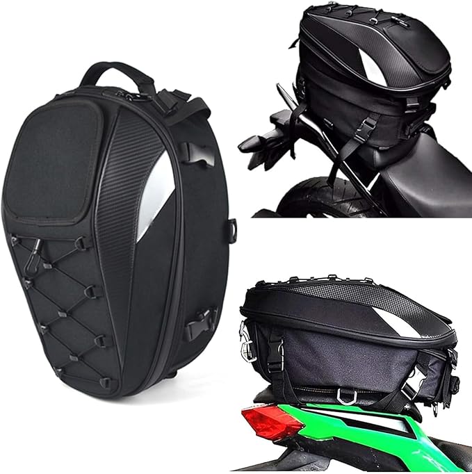 Motorcycle Tail Bag,Waterproof Seat Bag,Dual Use Backpack With Cargo Net | Expandable Helmet Bag with Rain Cover & Shoulder Strap, Multifunctional Storage Saddle Bag, Motorbike Luggage Tail Pack by MIHUNTER