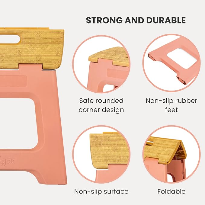 Vigar Compact Folding Step Stool, 12-1/2 in, Orange Bamboo Print | 12-1/2 in Foldable Stool, Lightweight Portable Design, Handle, Non Slip Surface, Space-Saving, Supports up to 330 lb - Image 4