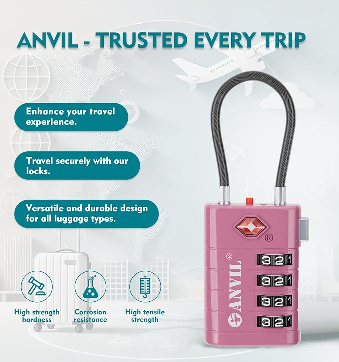 ANVIL TSA Approved Luggage Locks with Search Alert Indicator, 4-Digit Combination Suitcase Lock, Advanced TSA008 Core Heavy Duty Anti-Theft Travel Lock for Double Zippers, Backpacks - Image 4