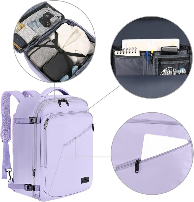 MATEIN Extra Large Travel Backpack for Women, Expandable Carryon Daypack | Personal Item Size, Adjustable Shoulder Strap, Airline Approved, For Travelling Hiking Camping Gym, Cute Gifts, Light Purple - Image 8