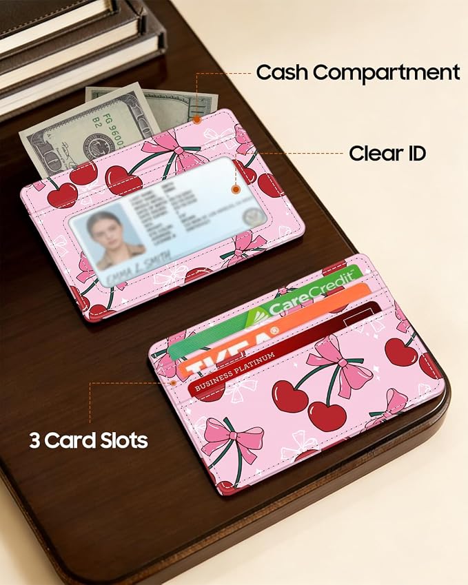 FINTIE Slim Minimalist Front Pocket Wallet RFID Blocking Credit Card Holder | Card Cases with ID Window for Men Women, pink cherry - Image 4