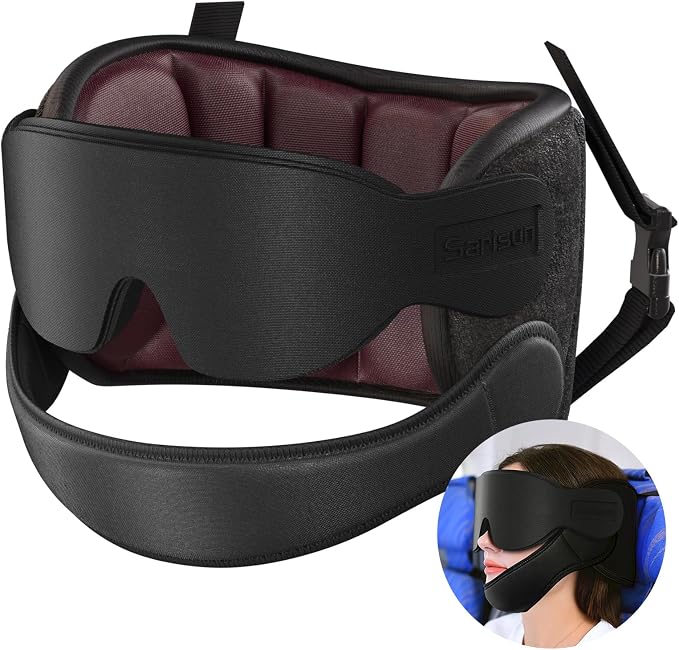 SARISUN Travel Pillow with Chin Strap, Stable Head Support for Long Flight | Extra Chin Support, Secures to Seat Headrest, Airplane Sleep Without Head Bobbing, 360° Support Plane Pillow, Brown Red by SARISUN
