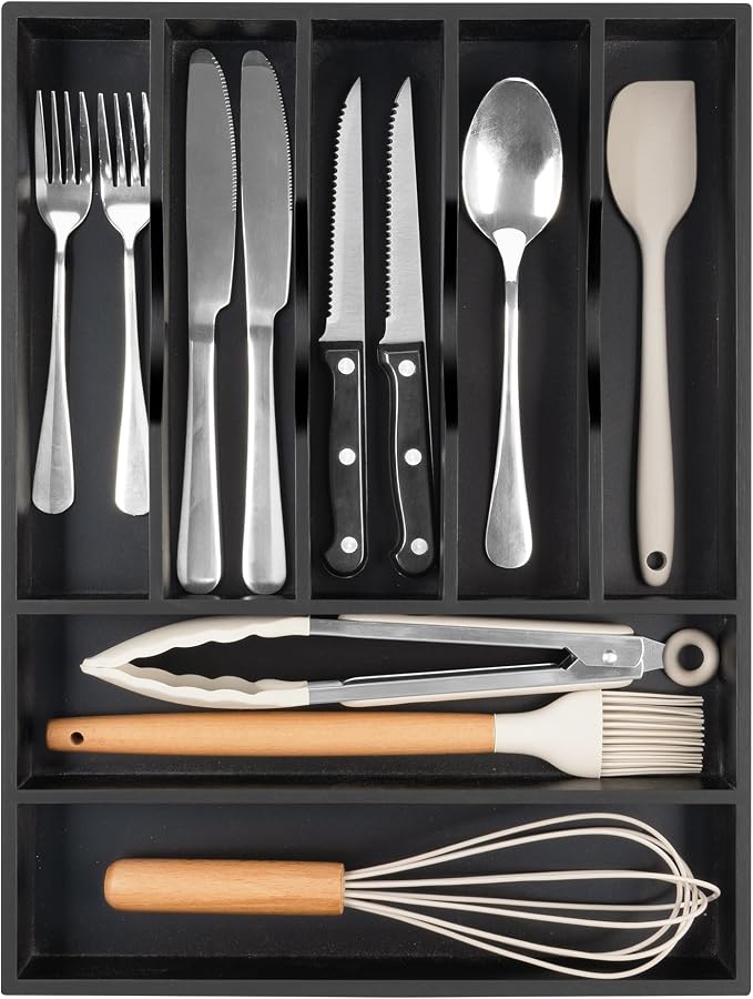 Bellsal Bamboo Silverware Drawer Organizer, Utensil Kitchen Drawer Organizer, Utensil Holder Cutlery Tray with Grooved Drawer Dividers for Kitchen Utensils and Flatware Bedroom Office (7 Slot, Black) - Image 8