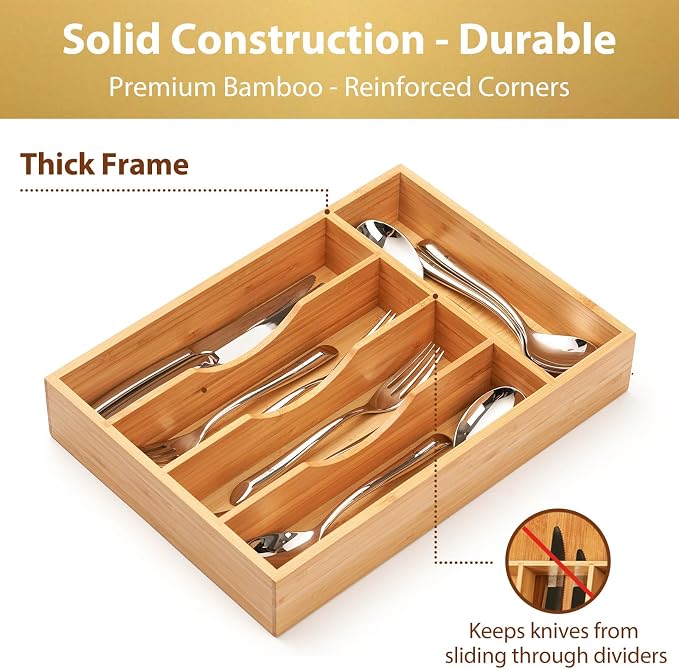 Bamboo Kitchen Drawer Organizer, 11 Inch Silverware Utensils Tray Holder with Grooved Dividers, 2.4" High Wood Caddy for Flatware Cutlery Knives - Image 3